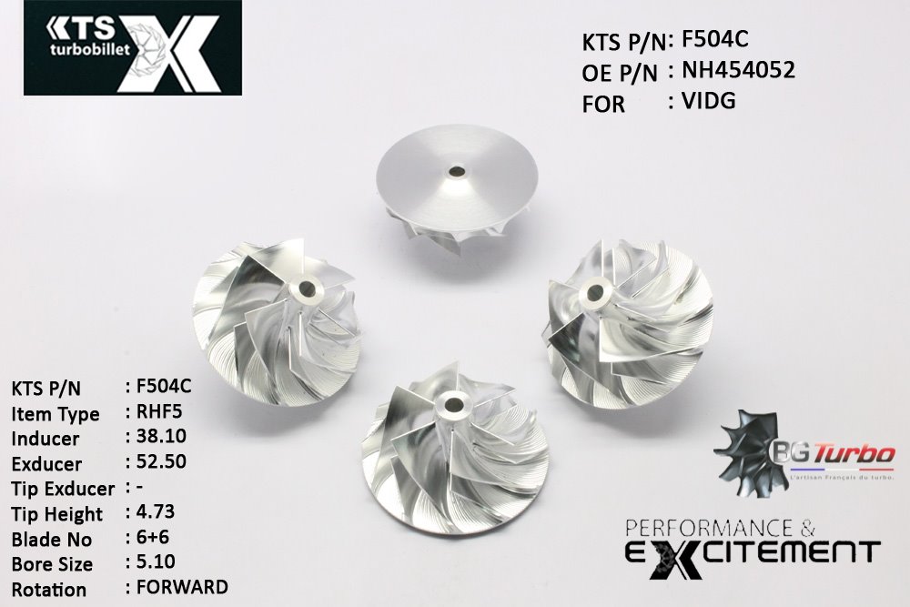 Turbo ROUE FORGÉE MFS PERFORMANCE - 6+6 PALES - INDUCER : 38,1 - EXDUCER : 52,5 - TYPE : RHF5ANGLE : 55° - ROTATION : Forward - SUPER BACK : 1,53 - BORE SIZE : 5,1
